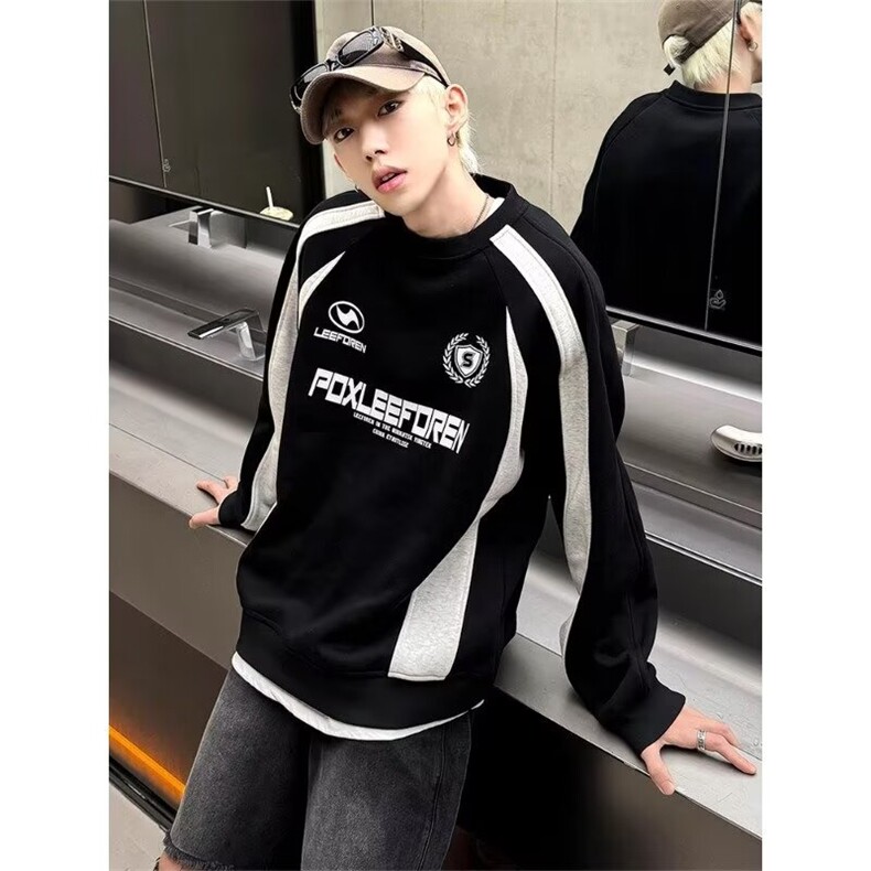YW27-P36美式复古拼色卫衣男秋冬季圆领机车风休闲运动外套,男装T恤,电商B323A
