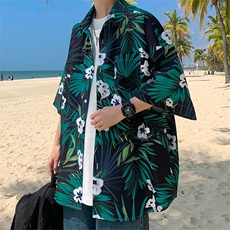 泰式花衬衫男短袖夏季冰丝海边夏威夷潮流大码休闲七分袖防晒衬衣，男装衬衫，电商A022