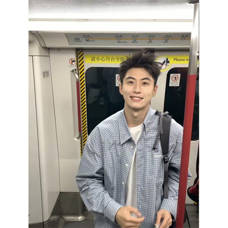 少年感小格子长袖衬衫蓝色男春秋潮高级垂坠感宽松衬衣情侣薄外套,男装衬衫,星座918-1