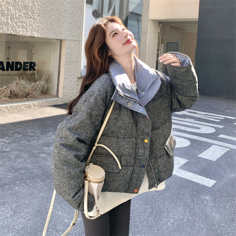 韩系灰色撞色短款羽绒服外套女冬2025新款设计保暖白鸭绒气质外套,女装羽绒服,艾米莉亚
