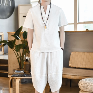 夏季棉麻风套装男装复古盘扣两件套宽松款A266-1-TZ6289-P70,男生衣服搭配夏季潮牌外套图片
