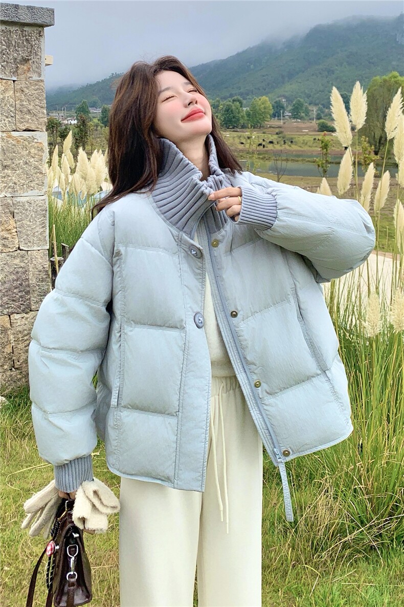 超好看蓝色针织拼接立领短款羽绒服女2025冬韩系甜美90白鸭绒外套,女装羽绒服,慧尚依恋