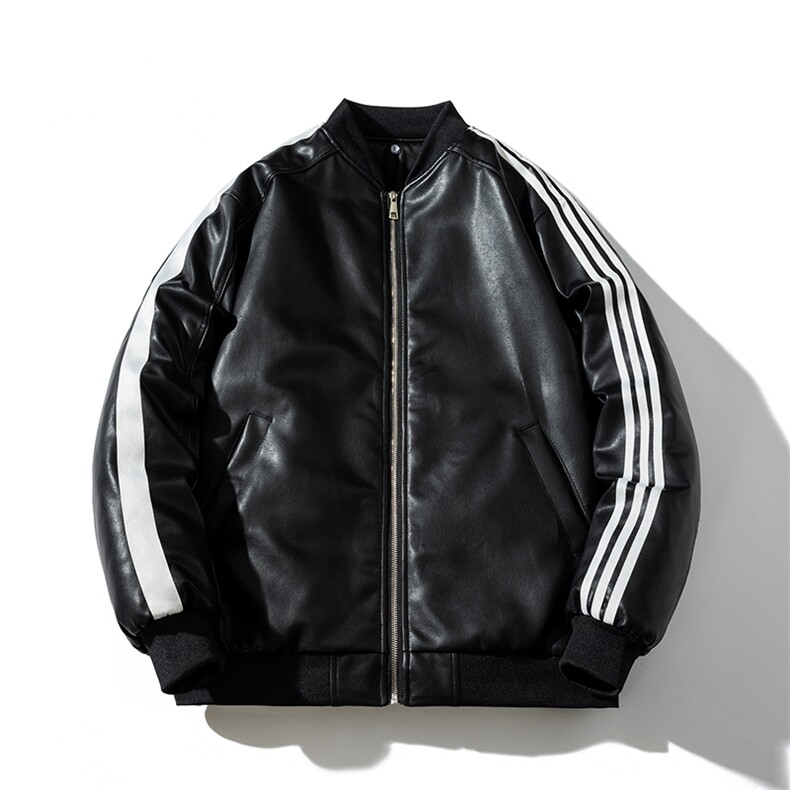 现货 三条杠袖子PU皮棒球服外套秋冬棉服带帽可拆卸图片