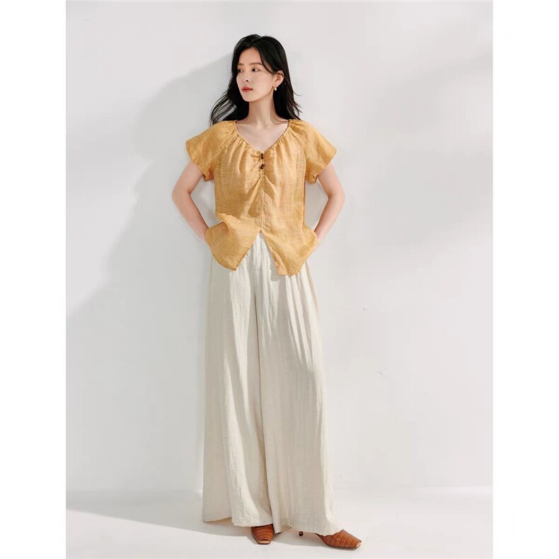 2025百搭简约泡泡袖竺麻短袖衫，女装T恤，湘姗