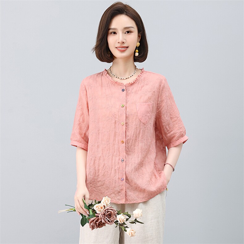 2025夏季纯苎麻简约气质宽松时尚休闲显瘦舒适刺绣上衣,女装衬衫,独衣靓