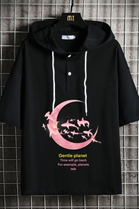LD54209-P45 连帽短袖t恤男大码胖子带帽五分袖中袖 网格挂拍图片