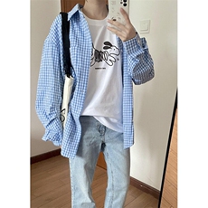 蓝色长袖格子衬衫男款复古格纹休闲衬衣外套薄款上衣潮C662，男装衬衫，星座1116A（原606A-3）