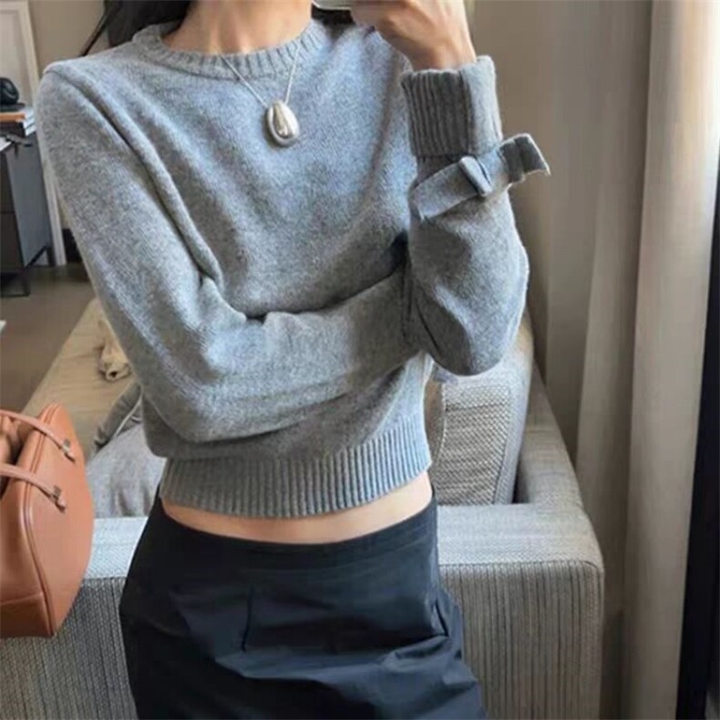 时尚百搭蝴蝶结圆领女士羊毛衫羊毛显瘦修身保暖毛衣,女装羊毛衫,旭驰羊绒
