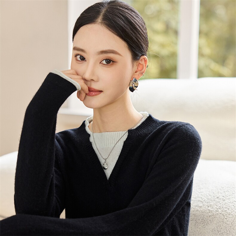 2025年秋季女士假两件长袖百搭通勤,女装羊绒衫,仙姿羊绒