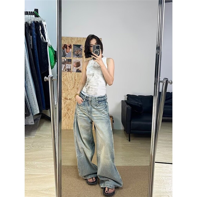 美式复古直筒牛仔裤女2025年新款高腰宽松窄版阔腿裤子,男装牛仔裤,星座1210-1