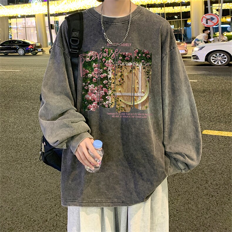 直播品质重磅纯棉美式蜡染水洗做旧潮牌宽松长袖t恤CT365特P38,男装T恤,电商A486