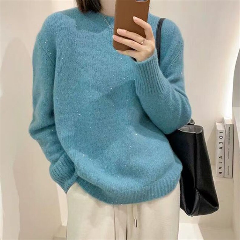 圆领亮闪羊绒毛衣女2025冬季法式宽松外穿亮丝针织衫羊毛打底上衣,针织衫/毛衣,萱芳婷羊绒