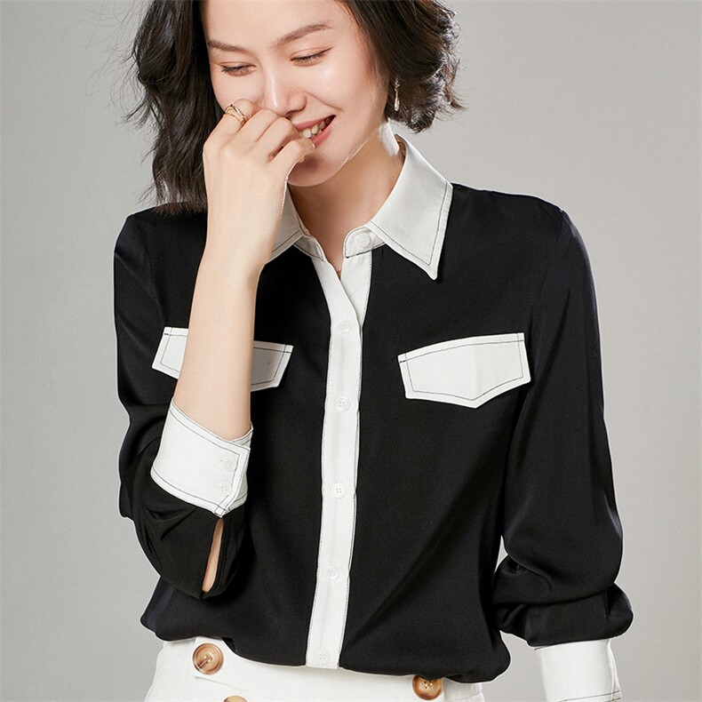 时尚都市女性必备优雅真丝衬衫简约黑白拼接设计显瘦百搭长袖上衣,女装衬衫,宋氏羊绒
