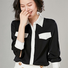 时尚都市女性必备优雅真丝衬衫简约黑白拼接设计显瘦百搭长袖上衣，女装衬衫，宋氏羊绒