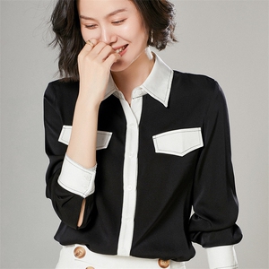 时尚都市女性必备优雅真丝衬衫简约黑白拼接设计显瘦百搭长袖上衣图片