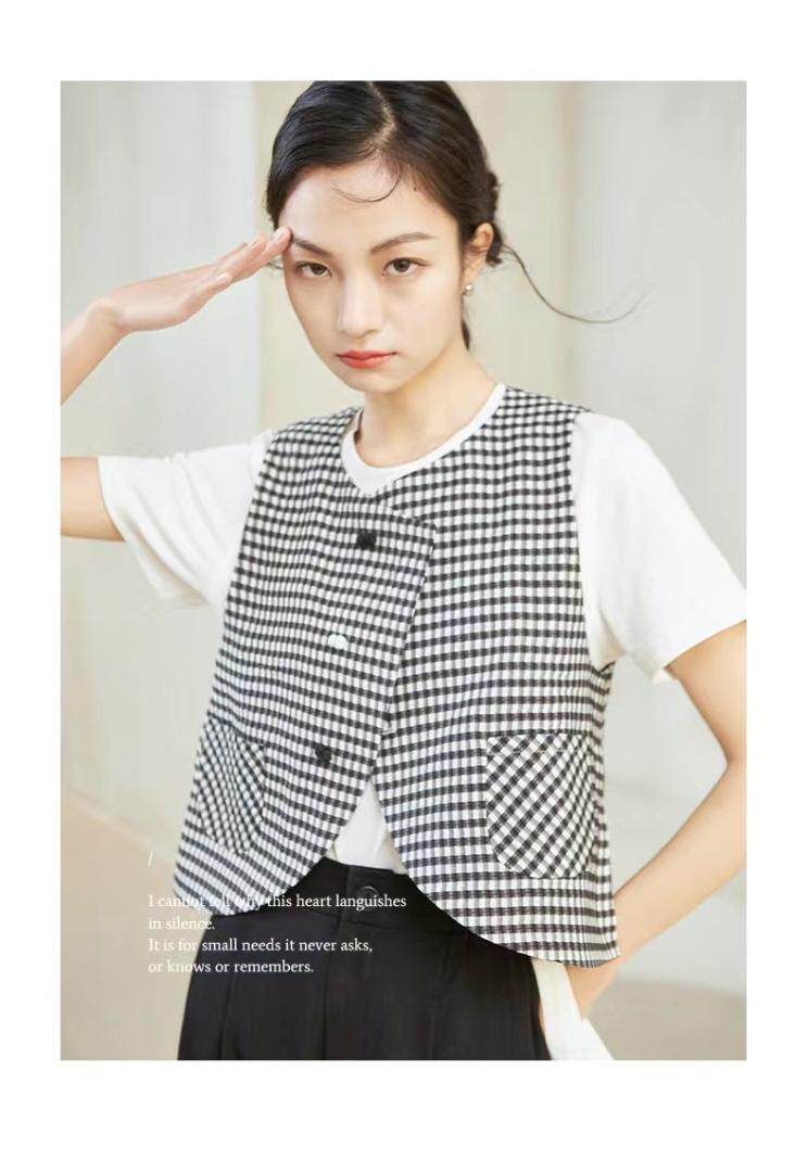 现货夏季新款复古盘口格文马甲，女装马甲，觅处