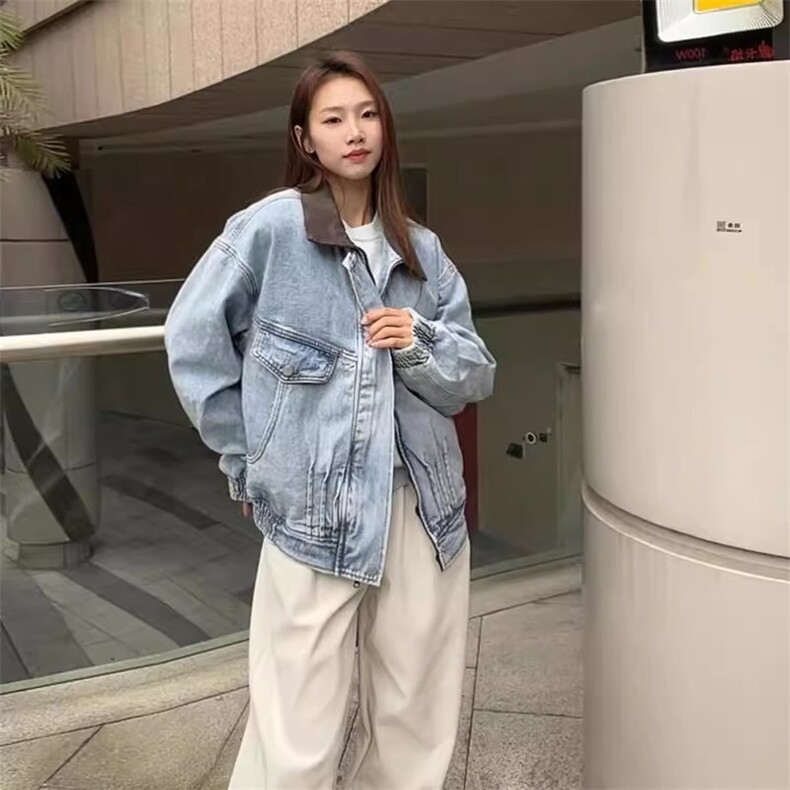 美式复古水洗做旧拼接翻领牛仔外套女2025早春浅蓝色夹克上衣图片