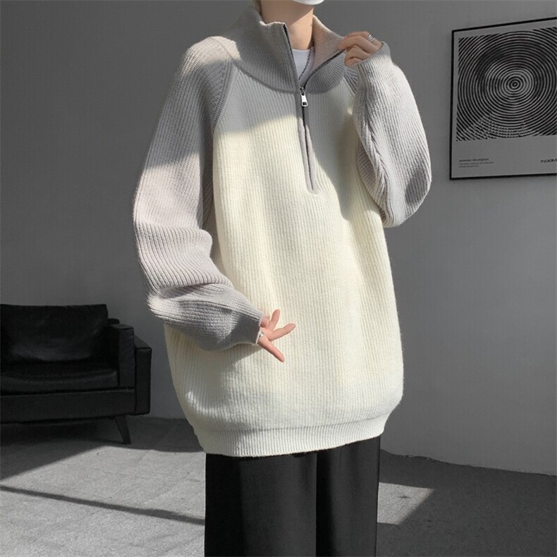 8XL-M撞色半拉链毛衣宽松慵懒风插肩袖大码针织衫外套MY1513/P75,男装针织衫/毛衣,电商B238