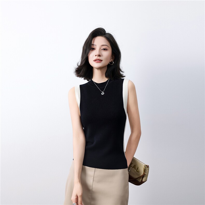 秋季新款纯色针织圆领无袖背心时尚百搭,女装羊毛衫,庆大羊绒