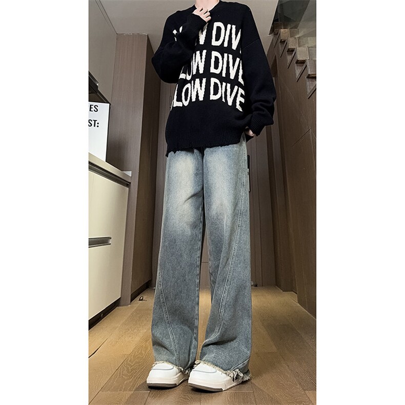 现货 直筒渐变休闲裤女宽松复古蓝毛边牛仔裤男 K5825-P55 控78图片
