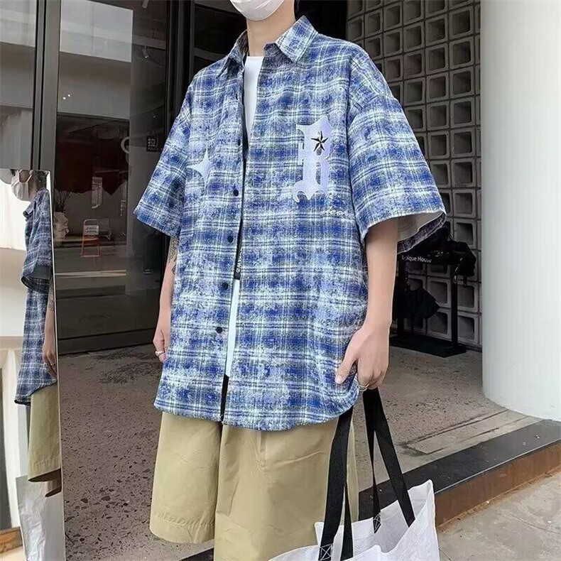美式高街刺绣格子短袖衬衫男夏季新款五分袖宽松休闲翻领衬衣外套,男装T恤,星座601-1