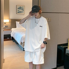 2026夏装华夫格拼接绣花休闲运动套装五分短裤TZ808/P65白，男装休闲套装，电商A094