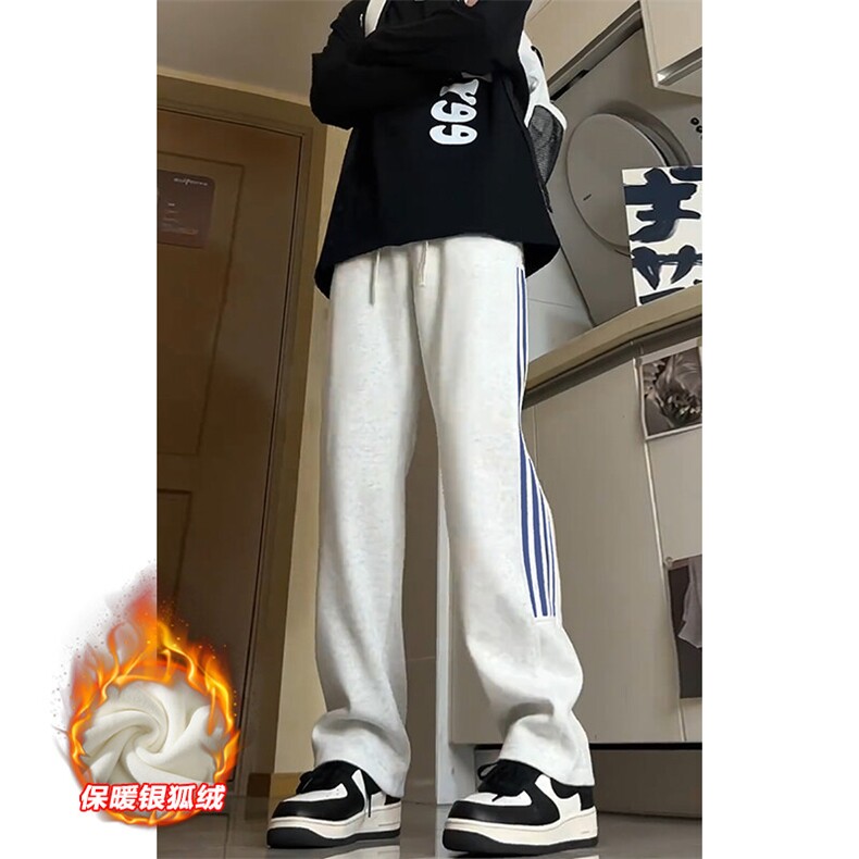 特批P35无差价冬抖音条纹阔腿裤男保暖银狐绒卫裤K1974J加绒,男装休闲裤,电商A001