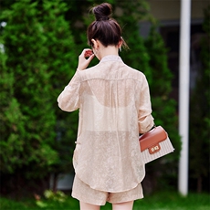 今年流行时尚套装女2024夏新款国风小个子长袖防晒衬衫短裤两件套，女装套装/套裙，依路服饰