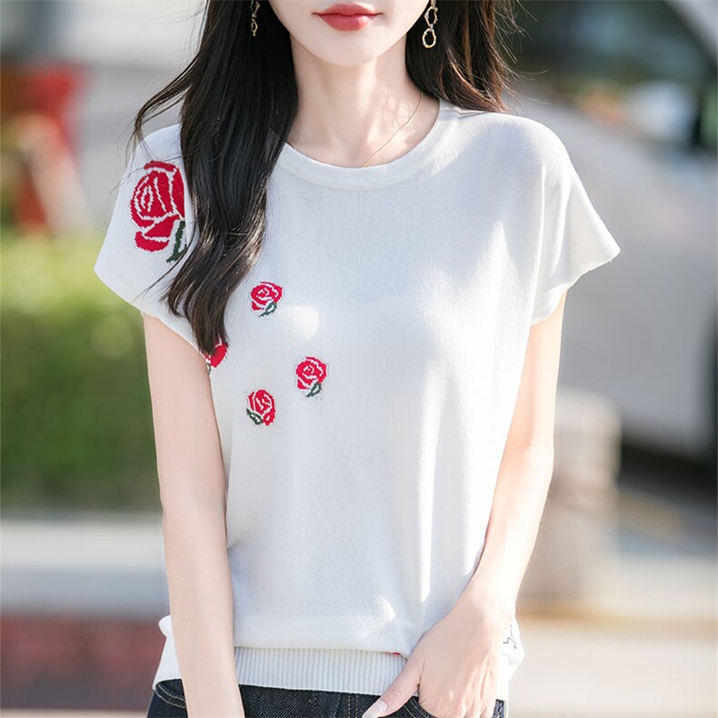2025夏季新款圆领玫瑰提花短袖女莱塞尔天丝宽松洋气百搭薄款针织,针织衫/毛衣,萱芳婷羊绒