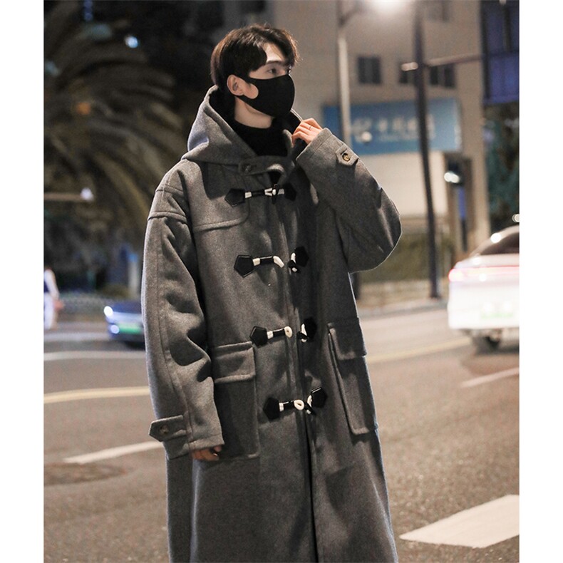 男士冬装高级感长款呢大衣连帽牛角扣毛呢大衣风衣外套YF902-P135,男装风衣,电商B295