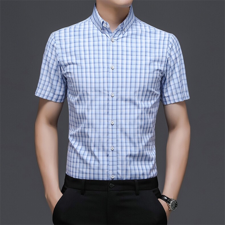 DN22105限价108元夏季男式薄款短袖衬衣修身休闲免烫格子衬衫P60图片