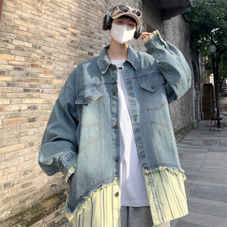 设计感条纹衬衫拼接假两件牛仔夹克男春美式休闲外套潮W6528-P60,男装夹克,星座412-3