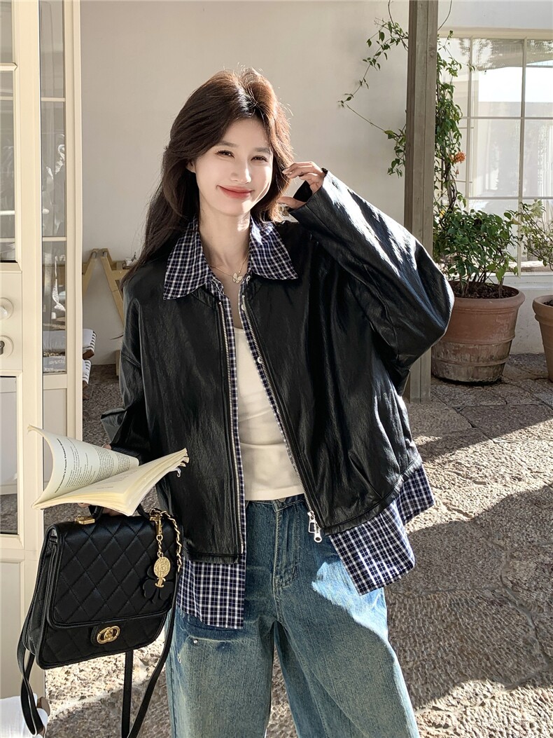 设计感假两件格纹拼接皮衣短外套女2026春季新款宽松休闲显瘦夹克,女装皮衣,艾米莉亚