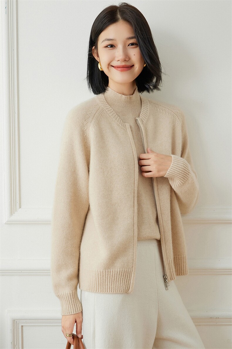 2025春秋新款羊绒衫女100山羊绒精纺连帽针织衫纯色休闲卫衣外套,女装羊绒衫,绒歆坊