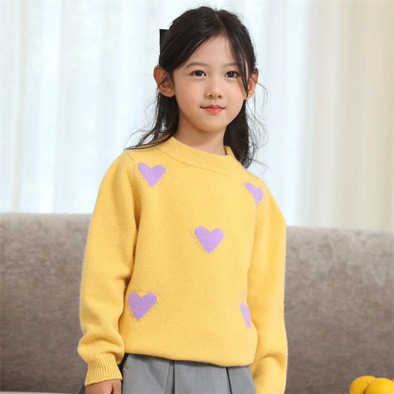儿童羊毛衫女童秋冬款加厚保暖长袖套头毛衣洋气爱心图案针织衫，童装儿童羊毛衫，冰晶童装