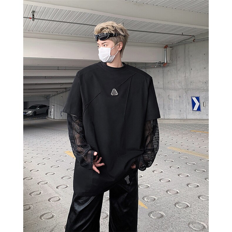 现货！25夏男士假两件垫肩金属扣暗黑网纱短袖T恤DX82-P68,男装T恤,电商B288