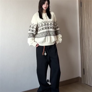 重磅秋冬装北极绒套头毛衣美式复古休闲慵懒风提花工艺针织衫外套图片
