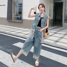 韩版蕾丝拼接牛仔马甲阔腿裤套装女2025夏季新款度假风显瘦两件套，女装套装/套裙，2C316
