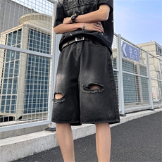 牛仔短裤男士夏季薄款高街宽松直筒破洞五分裤子裤衩潮流中裤，男装牛仔裤，星座410-7