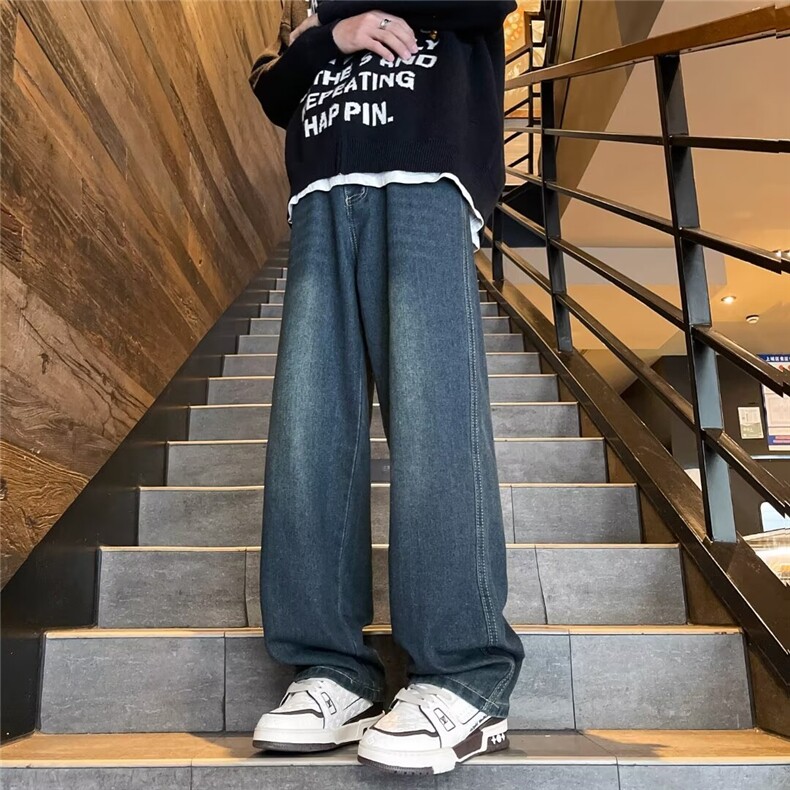 水洗做旧牛仔裤男秋季设计感垂感裤子宽松直筒阔腿裤NM2022,男装牛仔裤,星座1116A-1（原606A）