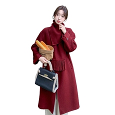 安哥拉红围巾双面羊绒呢子大衣女秋冬新款赫本风中长款羊毛呢外套，女装毛呢外套，2C081