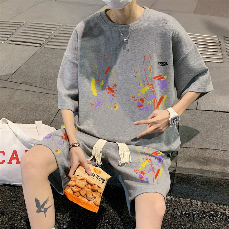 套装！华夫格套装短袖T恤短裤男HTZ529-特p：38,男装T恤,电商B371