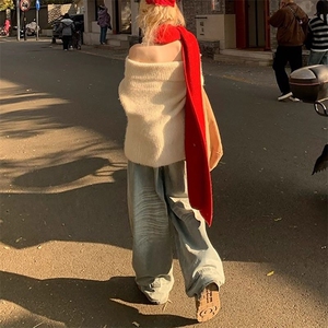 设计感美式宽松高腰弯刀牛仔裤女春秋季新款水洗阔腿拖地牛仔裤潮图片