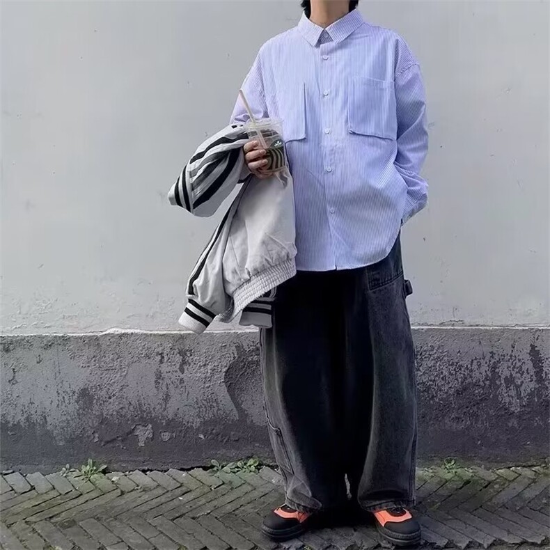 条纹衬衫男秋季2025新款韩版长袖衬衣宽松高级感复古休闲外套,男装衬衫,星座1210-1