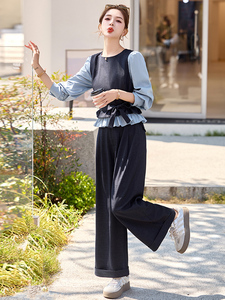 小香风时尚套装女2025春新款气质假两件拼接上衣西装阔腿裤两件套图片