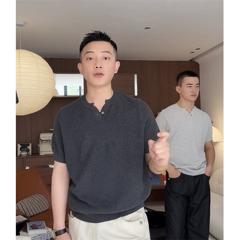 菠萝纹针法肌理感休闲简约男士亨利领体恤纯色77090/P45降，男装Polo衫，电商A243