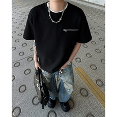 美式夏季港风短袖拉链T恤男潮流宽松圆领体恤衫上衣服T05577-P35，男装T恤，星座308B-1