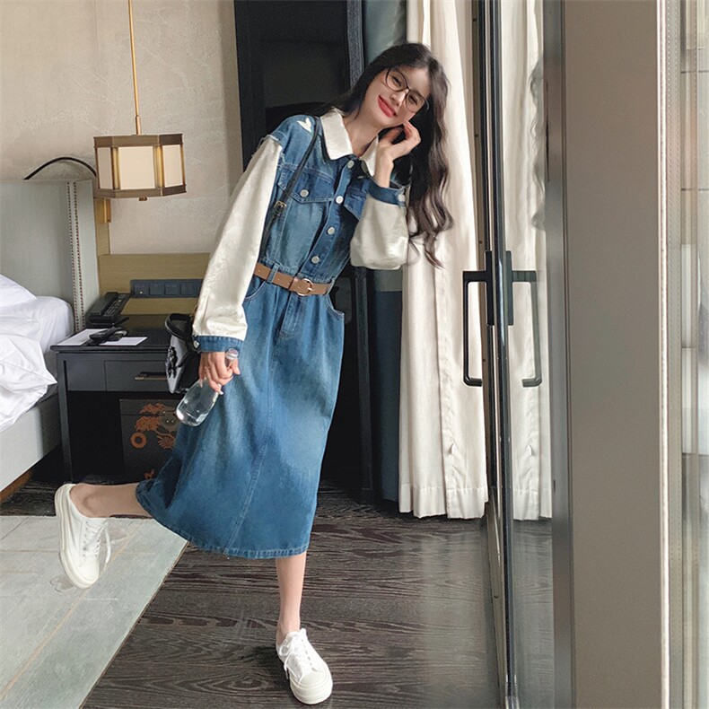拼接牛仔连衣裙2024女中长款春季新款小个子修身裙子A字裙衬衫裙,女装连衣裙,钱塘布衣