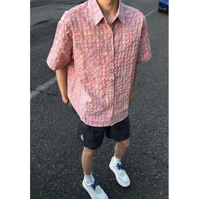 色织泡泡纱短袖衬衫女男夏季宽松古巴领T恤格纹速干外套CD08,男装T恤,星座1116A（原606A-3）