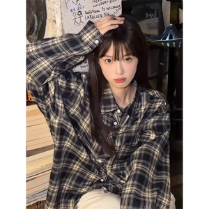 网图有货 蓝色美式高街格子衬衫藏青色复古长袖衬衣 C130-P30图片